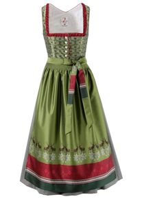 HOHENSTAUFEN, Damen Dirndl midi mit Goscherln am Ausschnitt, Grau / Gr&uuml;n / Rot