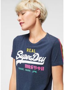 Superdry, Damen T-Shirt 'V Logo Sleeve Stripe Entry', Navy / Gelb / Pink / Wei&szlig;