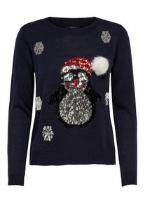Only, Damen Pullover 'onlX-MAS PENGUIN L/S PULLOVER KNT', Nachtblau / Rot / Schwarz / Silber