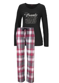 H.I.S. H.I.S, Damen Kuscheliger Pyjama mit Frontprint mit Glanzdetails, Grau / Pink / Schwarz