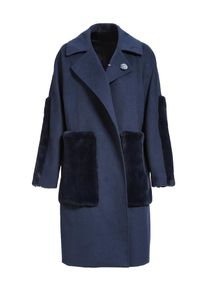 Apart, Damen Wollmantel mit Taschen aus Kunstfell, Dunkelblau