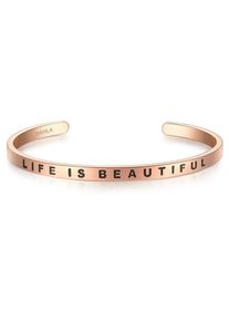 Nahla Jewels, Damen Edelstahlarmband Bangle mit LIFE IS BEAUTIFUL-Gravur, Rosegold / Schwarz