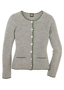 Hammerschmid, Damen Trachtenstrickjacke mit dekorativem R&uuml;ckeneinsatz, Grau / Tanne