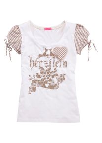 Kr&uuml;ger Dirndl Kr&uuml;ger Madl, Damen Trachtenshirt mit Puff&auml;rmel, Camel / Wei&szlig;