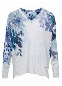 Heine, Damen Druckpullover mit Schlitzen am Saum, Rauchblau / Hellblau / Dunkelblau / Weiß