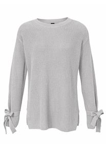 Heine, Damen Grobstrickpullover mit Ärmel mit Bindebändern, Hellgrau