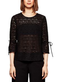 Q/S Designed By, Damen Spitzenbluse mit 3/4-Arm, Schwarz