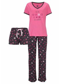 Vivance, Damen Pyjama-Set (3-teilig) mit langer Hose und Shorts, Dunkelpink / Schwarz