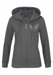 Arizona, Damen Kapuzensweatjacke 'R&uuml;ckenprint mit Stra&szlig;steinen', Anthrazit