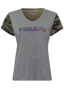 Napapijri, Damen V-Shirt 'Soury', Grau / Khaki / Schwarz