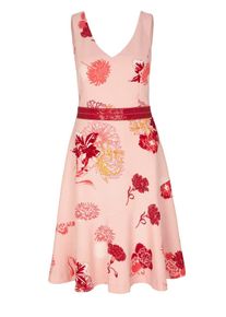 s.Oliver BLACK LABEL, Damen Cocktailkleid, Gelb / Altrosa / Rot / Weiß