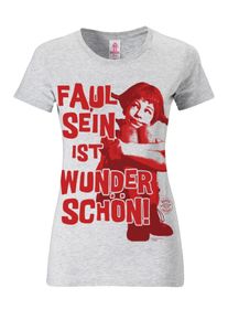 logoshirt, Damen T-Shirt 'Pippi Langstrumpf: Faul sein ist...', Hellgrau / Rot