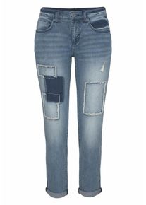 Arizona, Damen Boyfriend-Jeans mit Destroyed Effekten und Patches, Blue Denim