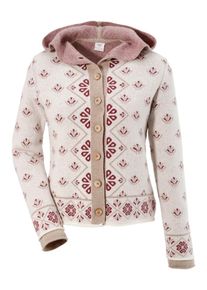 HOHENSTAUFEN, Damen Trachtenstrickjacke, Camel / Dunkelrot / Naturweiß