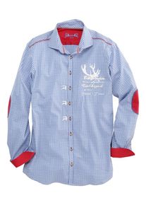 OS-Trachten, Herren Trachtenhemd mit trendiger Stickerei, Blau / Wei&szlig;