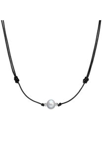 Valero Pearls, Damen Echtleder-Kette mit S&uuml;&szlig;wasser-Zuchtperle, Opal / Schwarz / Silber