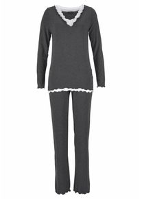 Lascana, Damen Pyjama, Grau / Wei&szlig;