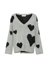 Jacqueline de Yong, Damen Pullover 'JDYDAYLIGHT L/S HEART PULLOVER KNT', Hellgrau / Schwarz