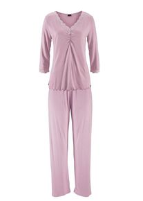 Lascana, Damen Pyjama mit Raffung & Spitzenkante, Rosa