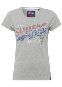 Superdry, Damen T-Shirt 'TOKYO 7 RHINESTONE', Blau / Graumeliert / Weinrot