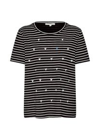 Tom Tailor Denim, Damen Shirt 'striped tee with heart artwork', Schwarz / Weiß