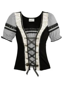Marjo, Damen Trachtenshirt mit Satinbandschnürung, Beige / Mischfarben / Schwarz