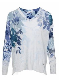 Heine, Damen Druckpullover mit Schlitzen am Saum, Rauchblau / Hellblau / Dunkelblau / Wei&szlig;