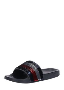 Tommy Hilfiger, Damen Slipper 'Sequins Pool Slide', Navy / Rot / Silber