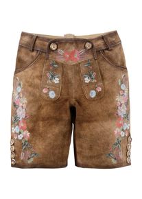 Kr&uuml;ger Dirndl Kr&uuml;ger Madl, Damen Trachtenlederhose kurz mit Blustickerei, Braun / Grasgr&uuml;n / Pink / Wei&szlig;
