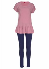 Große Größen s.Oliver RED LABEL Bodywear Pyjama mit Shirt mit Volant und Legging Gr. 44/46 rosa/blau für Damen