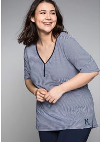 Große Größen Schlafanzugshirt mit Halbarm und Zierknopfleiste Gr. 56/58 blau/weiß gestreift von sheego für Damen