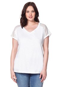 Große Größen T-Shirt mit Webspitzeneinsatz und V-Ausschnitt Gr. 52/54 weiß von sheego für Damen