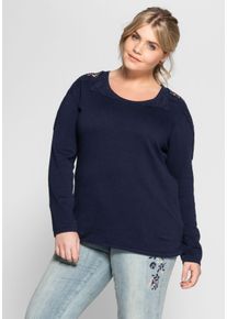 Große Größen Pullover mit Spitzenbesatz Gr. 52/54 blau von sheego für Damen