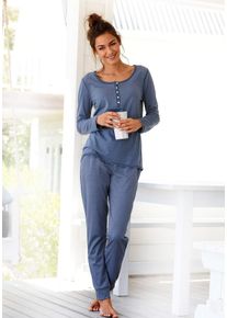 Große Größen Arizona Basic-Pyjama in melierter Qualität mit Knopfleiste Gr. 40/42 blau für Damen