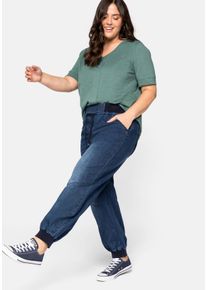 Große Größen Pumpjeans mit Rippbündchen und Bindeband Gr. 54 blau von sheego für Damen
