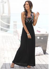 Buffalo Maxikleid schwarz Gr. 34 für Damen. V-Ausschnitt und Zierbänder, Druck, Quasten. Figurumspielend