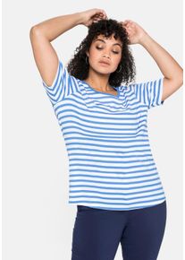 Große Größen T-Shirt mit Streifen und Rundhalsausschnitt Gr. 44/46 blaublau/weiß gestreift von sheego für Damen