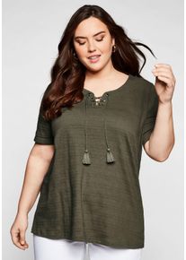 Große Größen Shirt in Jacquard-Optik, Bindeband am Ausschnitt Gr. 44/46 grün von sheego für Damen