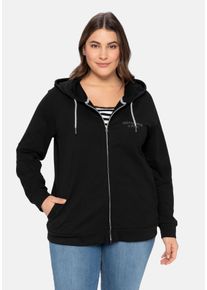 Große Größen Sweatjacke mit Kapuze und kleinem Brust-Print Gr. 52/54 schwarz von sheego für Damen