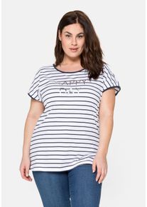Große Größen T-Shirt mit Ringeln und Statement-Foliendruck Gr. 52/54 weiß von sheego für Damen