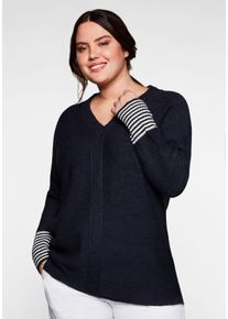 Große Größen Pullover mit geringeltem Ärmelbündchen Gr. 52/54 blau von sheego für Damen
