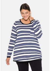 Große Größen Langarmshirt mit Ringelmuster und Brusttasche Gr. 48/50 blau gestreift von sheego für Damen
