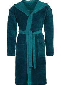 Vossen Unisex-Bademantel Poppy, Langform, Material-Mix, Kapuze, Gürtel, für Damen & Herren, mit farblich abgesetzter Kapuze, grün