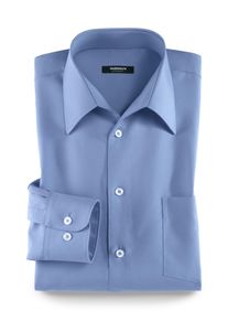 Walbusch Herren Hemd Bügelfrei Kragen ohne Knopf einfarbig Azur