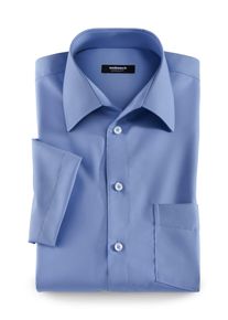Walbusch Herren Hemd Bügelfrei Kragen ohne Knopf einfarbig Azur