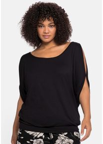 Große Größen Jerseyshirt mit geschlitzten Fledermausärmeln Gr. 52/54 schwarz von sheego für Damen