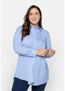 Große Größen Longbluse mit Streifen und gerundetem Saum Gr. 44 blau gestreift von sheego für Damen