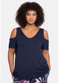 Große Größen Jerseyhirt mit V-Ausschnitt, im schulterfreien Look Gr. 60/62 blau von sheego für Damen