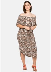 Große Größen Jerseykleid mit Bindeband und Carmenausschnitt Gr. 42 rot von sheego für Damen