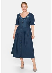Große Größen Trachtenkleid in Leinen-Optik, mit Blütenstickerei Gr. 48 blau geblümt von sheego für Damen